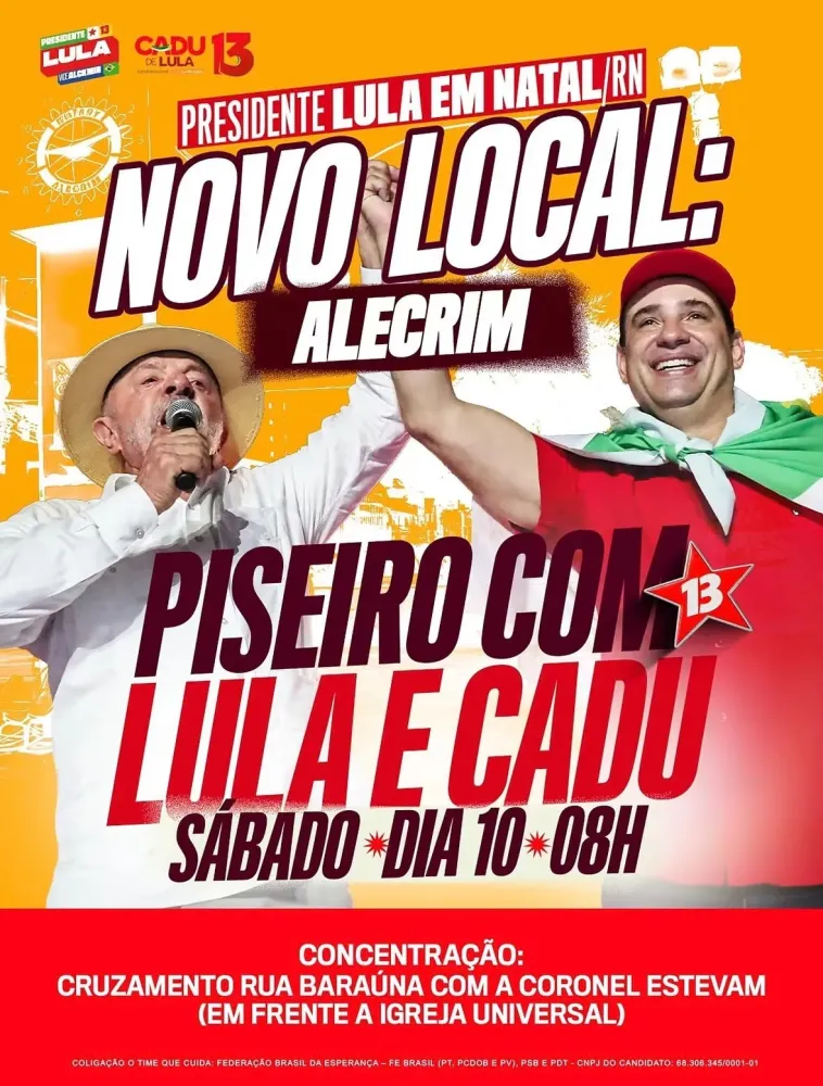 Lula altera agenda no RN e fará passeata com Cadu no Alecrim neste sábado (10)